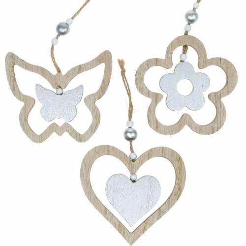 Floristik24 Cintre de décoration coeur fleur papillon nature, décoration bois argenté 6pcs