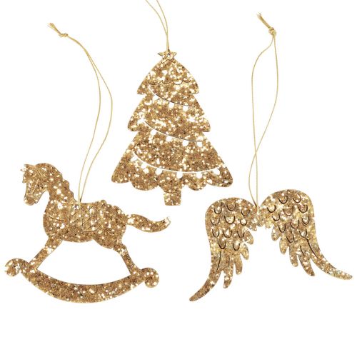 Floristik24 Cintre décoratif bois paillettes dorées décorations pour sapin de Noël 10cm 6 pcs