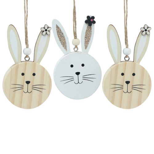 Tête de lapin en bois Déco à suspendre Blanc Or 10,5cm 8pcs