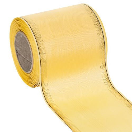 Floristik24 Ruban décoratif moiré jaune à bordure dorée, largeur 100 mm, longueur 25 m, pour la confection de couronnes, idéal pour l'art floral et la décoration.