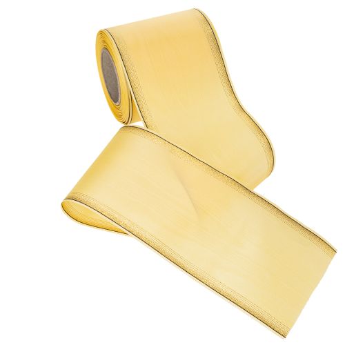 Article Ruban décoratif moiré jaune à bordure dorée, largeur 100 mm, longueur 25 m, pour la confection de couronnes, idéal pour l'art floral et la décoration.