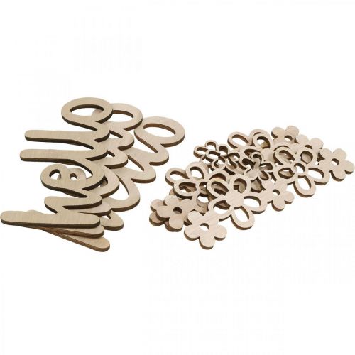 Article Décoration en bois fleurs &quot;Hello&quot; signe déco nature avec aimant 18/19.5cm 6pcs