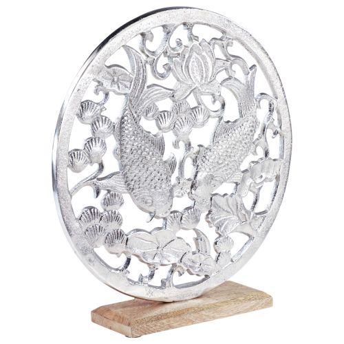 Bague décorative métal socle bois argent lotus décoration koi Ø32cm