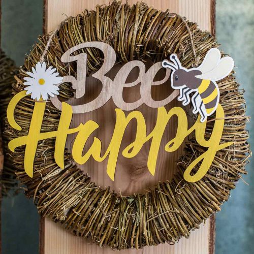 Article Panneau décoratif abeille « Bee Happy » décoration d'été en bois 31×18cm 2pcs