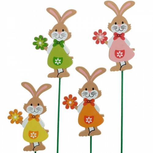 Floristik24 Bouchon décoratif lapin de Pâques avec fleur décoration de Pâques lapins en bois sur bâton 24 pièces
