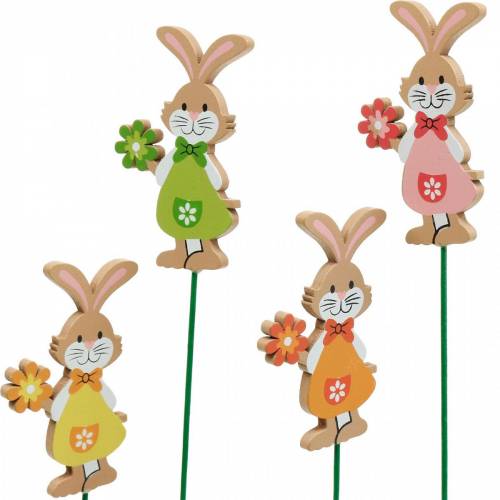Floristik24 Bouchon décoratif lapin de Pâques avec fleur décoration de Pâques lapins en bois sur bâton 24 pièces