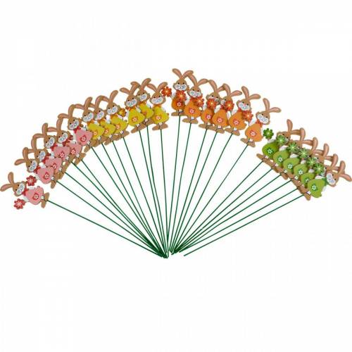 Floristik24 Bouchon décoratif lapin de Pâques avec fleur décoration de Pâques lapins en bois sur bâton 24 pièces