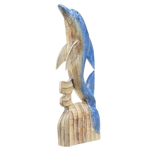 Figurine Dauphin décoration maritime en bois sculptée à la main bleu H59cm