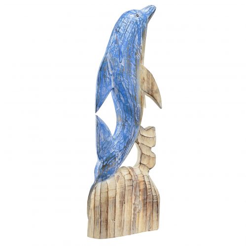 Article Figurine Dauphin décoration maritime en bois sculptée à la main bleu H59cm