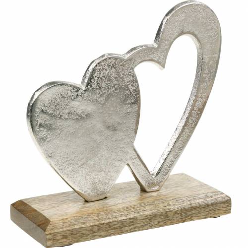 Floristik24 Coeur décoratif argenté, coeur métal sur bois de manguier, Saint Valentin, décoration de table double coeur