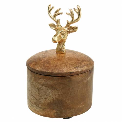 Floristik24 Boîte en bois de manguier avec tête de cerf doré Ø10cm H15cm