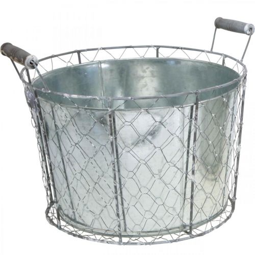 Corbeille en fil avec bol en métal, cache-pot, décoration printanière argent, blanc lavé, shabby chic Ø30cm H25.5cm