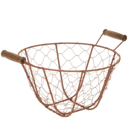 Panier rond vintage en fil de fer avec poignées en bois, finition rouille, Ø 22 cm