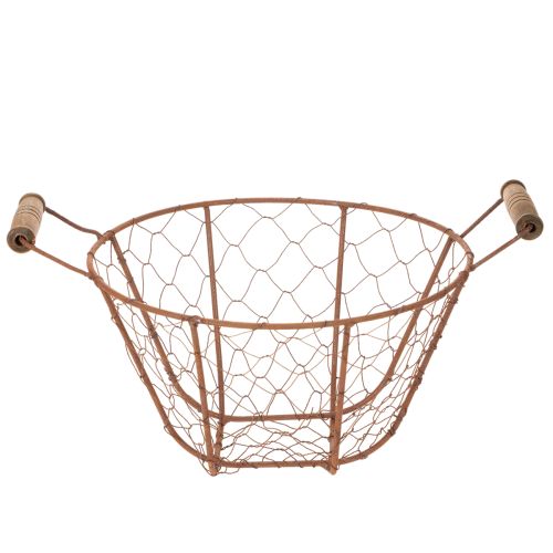 Panier rond vintage en fil de fer avec poignées en bois, finition rouille, Ø 22 cm | Floristik24.fr
