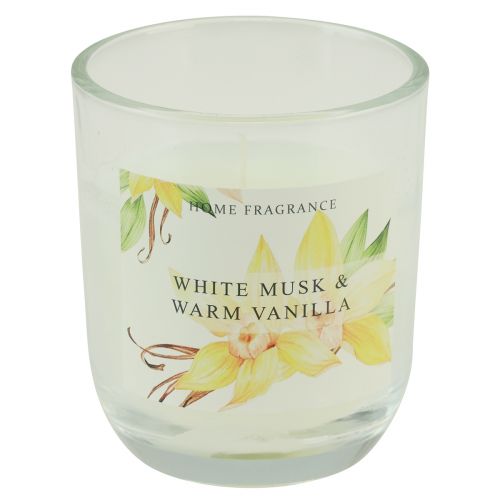 Article Bougie parfumée dans un verre vanille musc blanc Ø7,5cm H8,5cm