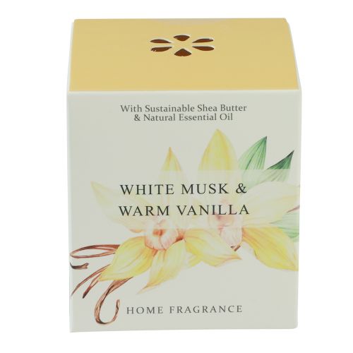 Article Bougie parfumée dans un verre vanille musc blanc Ø7,5cm H8,5cm