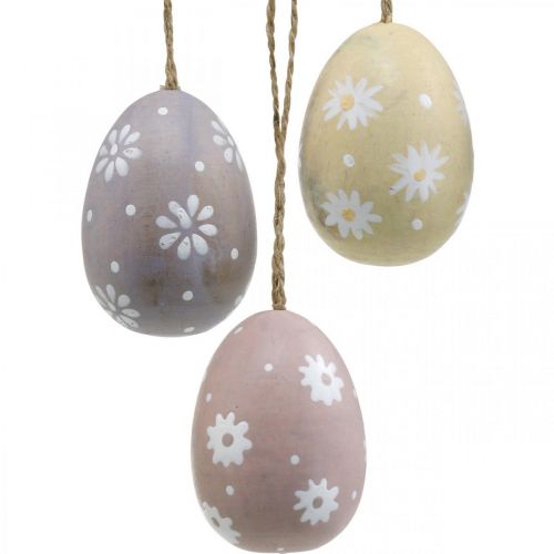 Floristik24 Oeufs de Pâques avec décoration de fleurs à suspendre oeuf en bois trié 7cm 3pcs