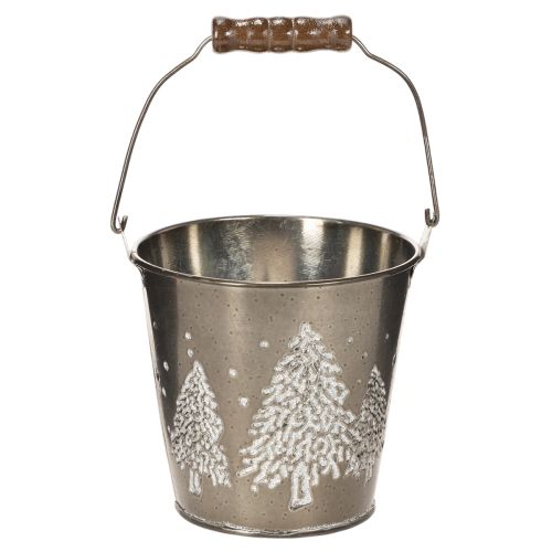 Seau décoratif en zinc avec sapins et poignée en bois 13cm