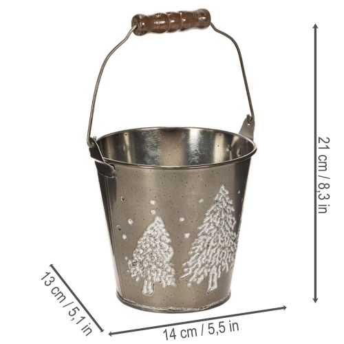 Seau décoratif en zinc avec sapins et poignée en bois 13cm | Floristik24.fr