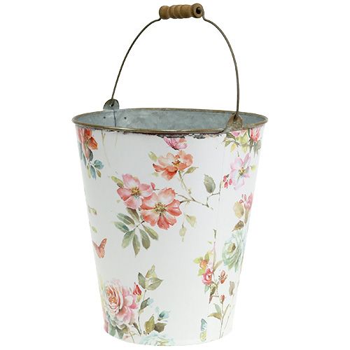 Floristik24 Seau blanc avec motif floral Ø 20,5 cm H. 22,5 cm