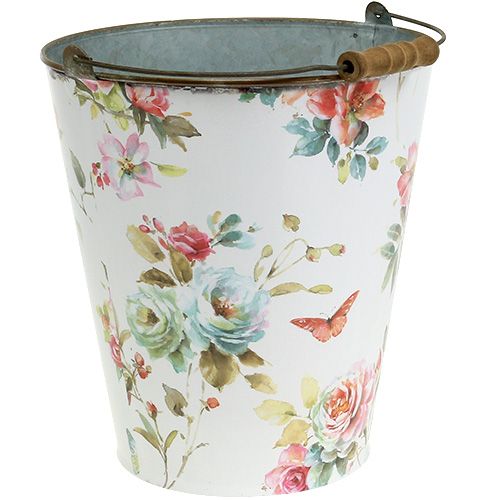 Floristik24 Seau blanc avec motif floral Ø 20,5 cm H. 22,5 cm