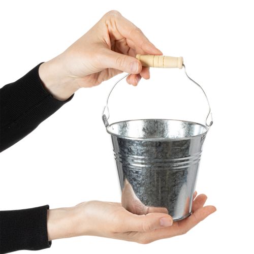 Eimer 12 cm - Lot de 8 petits seaux en zinc avec anse bois | Floristik24.fr