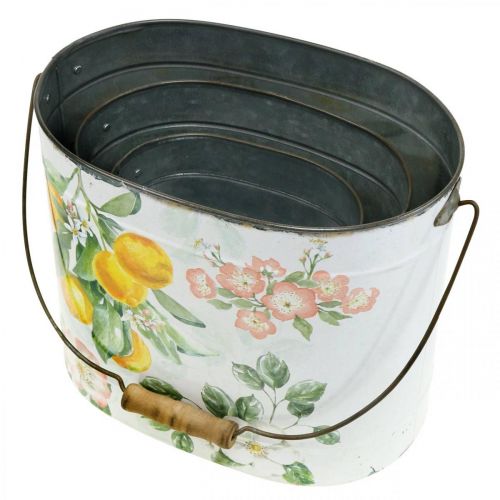 Floristik24 Pot en métal vert-jaune, décoration estivale, seau avec anse, motif citron méditerranéen L28/22,5/cm H23/18/15cm