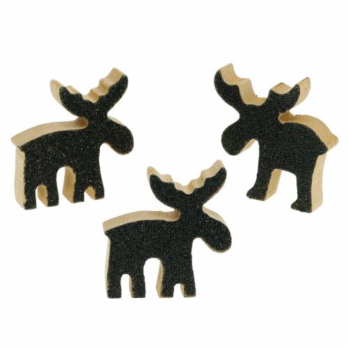 Décoration de Noël en bois d&#39;élan noir pailleté 5×5,5 cm 12 pcs