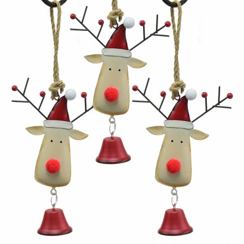 Floristik24 Pendentif de Noël tête de wapiti avec cloche 11,5cm rouge, beige 3pcs