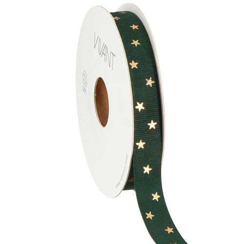 Floristik24 Ruban décoratif élégant vert foncé avec étoiles dorées, largeur 15 mm, longueur 20 m