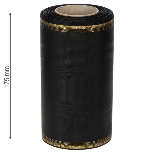 Ruban moiré élégant pour couronne, 175 mm, noir avec bordure nacrée et tissage taffetas, ruban décoratif pour compositions florales funéraires, ruban pour nœud, 25 m | Floristik24.fr