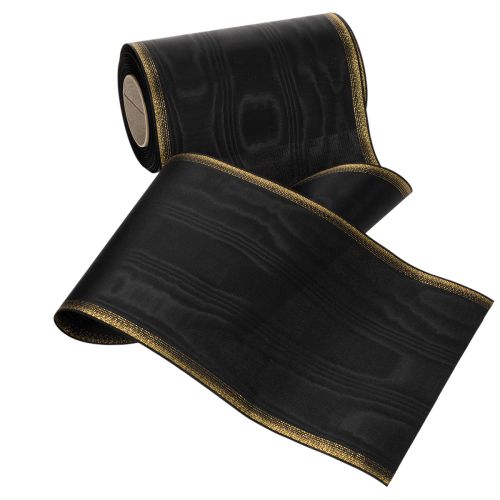 Ruban moiré élégant pour couronne, 175 mm, noir avec bordure nacrée et tissage taffetas, ruban décoratif pour compositions florales funéraires, ruban pour nœud, 25 m | Floristik24.fr