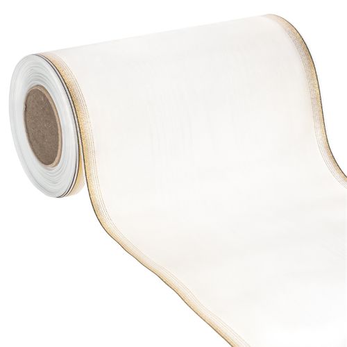 Ruban moiré élégant pour couronne, blanc 200 mm avec bordure nacrée dorée et finition spéciale, 25 m - Parfait pour les décorations et les fêtes acheter | Floristik24.fr
