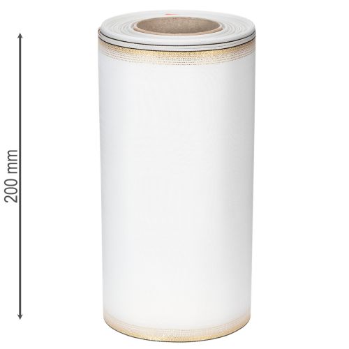 Ruban moiré élégant pour couronne, blanc 200 mm avec bordure nacrée dorée et finition spéciale, 25 m - Parfait pour les décorations et les fêtes | Floristik24.fr
