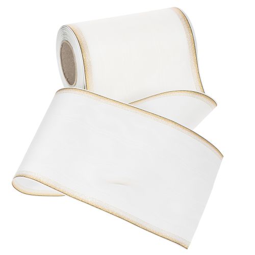 Ruban moiré élégant avec bordure dorée, décoration de mariage, ruban de deuil, blanc 150 mm x 25 m | Floristik24.fr