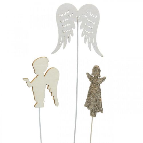 Article Plug de l&#39;Avent ange, ailes à coller, ange en bois, décoration noël nature, blanc, paillettes dorées 18pcs