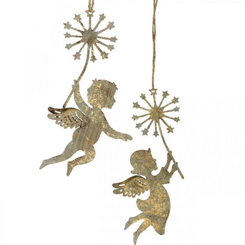 Floristik24 Ange avec pissenlit, décoration de Noël, pendentif décoratif, décoration en métal doré aspect antique H16/15cm 4pcs
