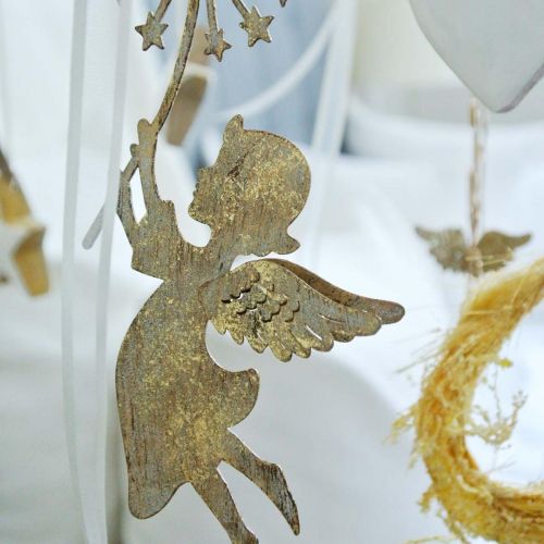 Article Ange avec pissenlit, décoration de Noël, pendentif décoratif, décoration en métal doré aspect antique H16/15cm 4pcs