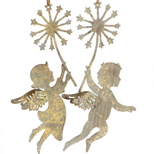 Article Ange avec pissenlit, décoration de Noël, pendentif décoratif, décoration en métal doré aspect antique H16/15cm 4pcs