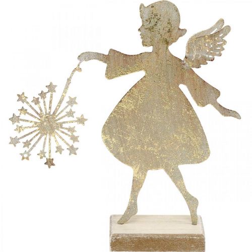 Ange avec pissenlit, décoration en métal pour Noël, figurine de décoration Avent doré aspect antique H27.5cm