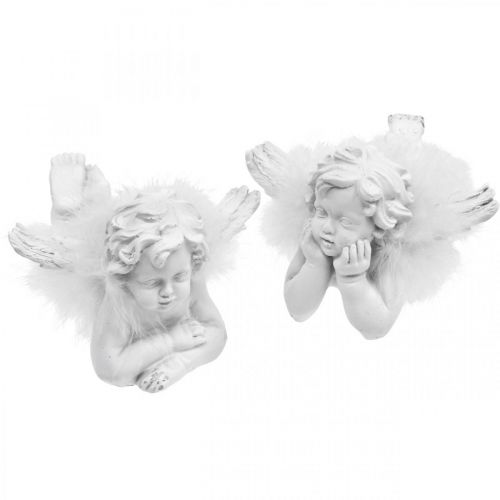 Article Ange couché, décoration de Noël, décoration ange avec plumes, blanc de l&#39;Avent H8 / 8.5cm L14 / 12.5cm lot de 2