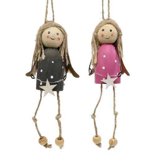 Article Suspension de Noël Ange en bois Gris, rose 7,5cm 6pcs