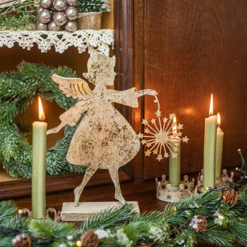 Article Ange avec pissenlit, décoration en métal pour Noël, figurine de décoration Avent doré aspect antique H27.5cm