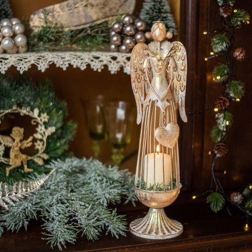 Article Figure d&#39;ange avec coeur, décoration de Noël en métal, décoration ange antique-doré H38cm