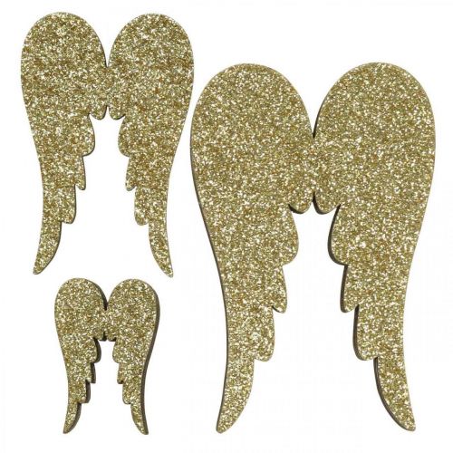 Floristik24 Décoration à disperser, ailes d&#39;ange, décoration de l&#39;Avent, ailes à décorer dorées, paillettes H7/5/3cm L4,5/3,5/2cm 18 pièces