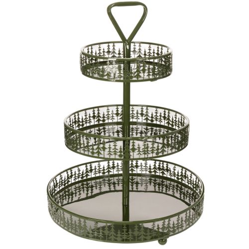 Etagère ronde en métal vert motif sapins trois niveaux 49 cm acheter | Floristik24.fr