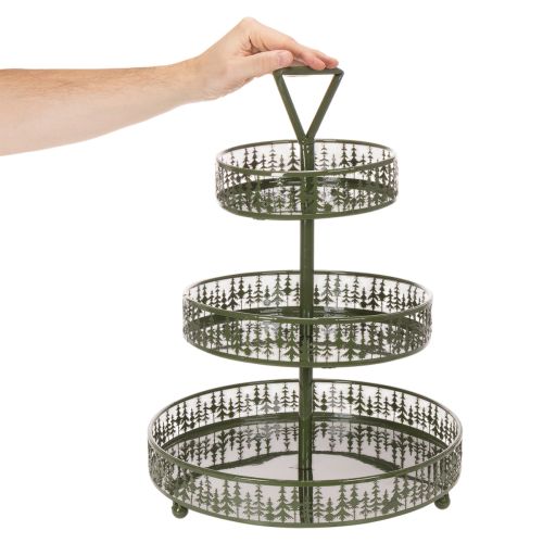 Etagère ronde en métal vert motif sapins trois niveaux 49 cm | Floristik24.fr
