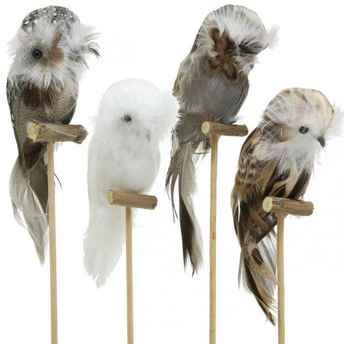 Article Bouchon fleur déco hibou avec plumes blanc, marron H15cm 4pcs