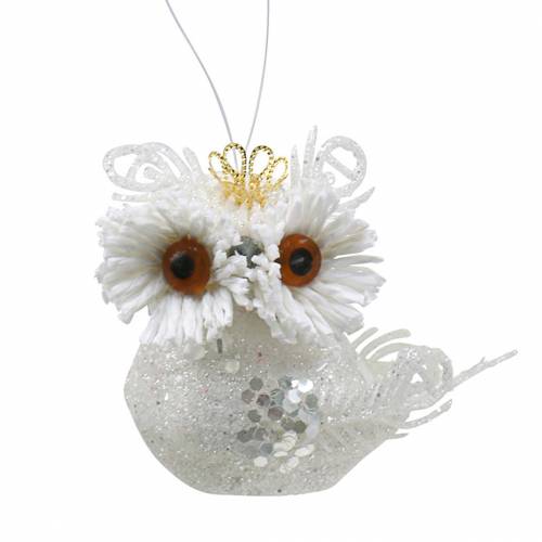 Floristik24 Chouette décorative avec couronne à suspendre blanc, paillettes 6,5 × 8cm 6pcs.