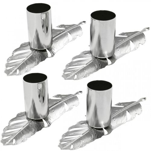 Floristik24 Plumes avec bougeoir, ressorts métalliques, bougeoir argent Ø2.2cm L13cm 4pcs
